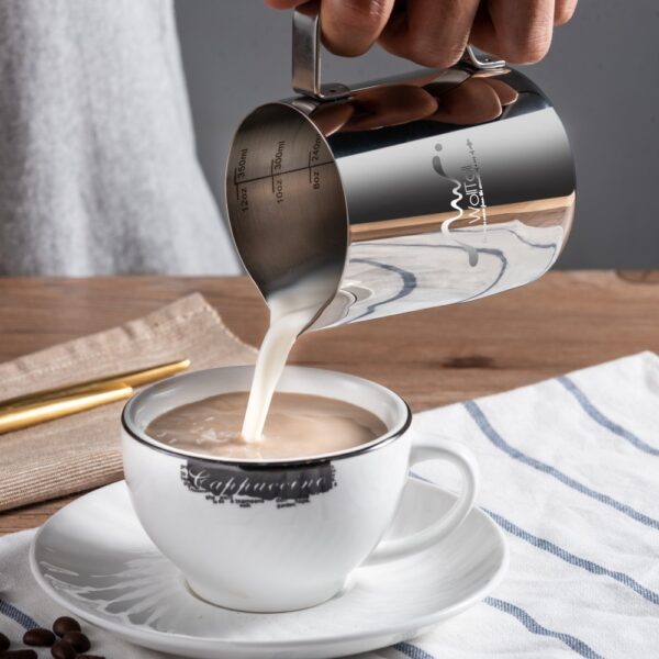 Stainless Steel Milk Frothing Jug, 600ml Milk Coffee Cappuccino Latte Art Sparkling Jug Barista Milk Jug Cups With Size Art Deco Pen And Microfibre Cloth Inside The Sides - Image 4