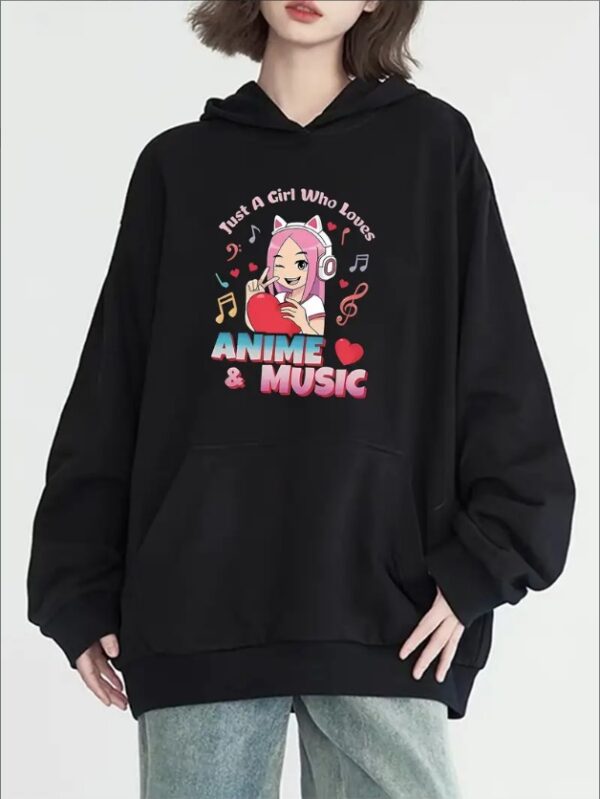 Women's Casual Anime & Music Print Hoodie - Long Sleeve,  Pullover With Kangaroo Pocket, All-Season Comfort