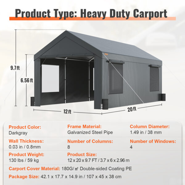 VEVOR Carport, Heavy Duty 12x20ft Car Canopy, Outdoor Garage Shelter With Removable Sidewalls, Roll-up Ventilated Windows & Door, UV Resistant Tarp For Car, Truck, Boat, Darkgray - Image 5