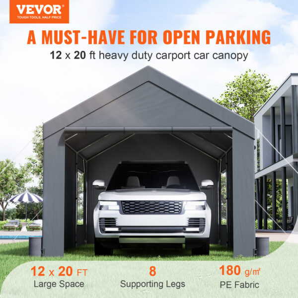 VEVOR Carport, Heavy Duty 12x20ft Car Canopy, Outdoor Garage Shelter With Removable Sidewalls, Roll-up Ventilated Windows & Door, UV Resistant Tarp For Car, Truck, Boat, Darkgray - Image 3